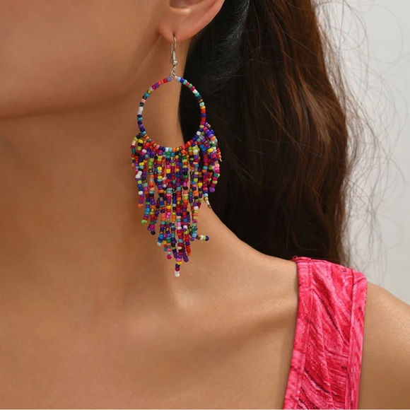 Beaded Multicolored Fringe Hoop Earrings - Picture 4 of 13